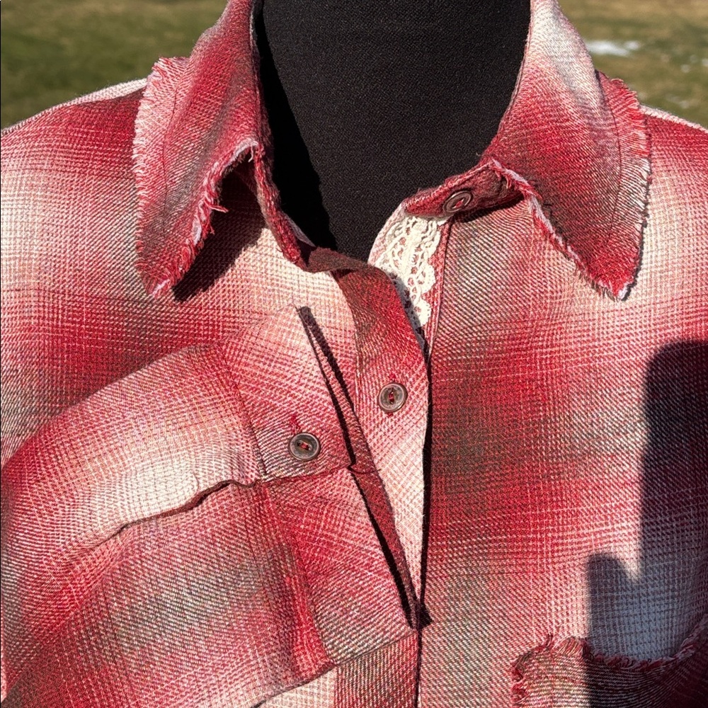 -POL Red Brown Bone Flannel Frayed Button Up Blouse Oversized Women’s Medium - Picture 12 of 13